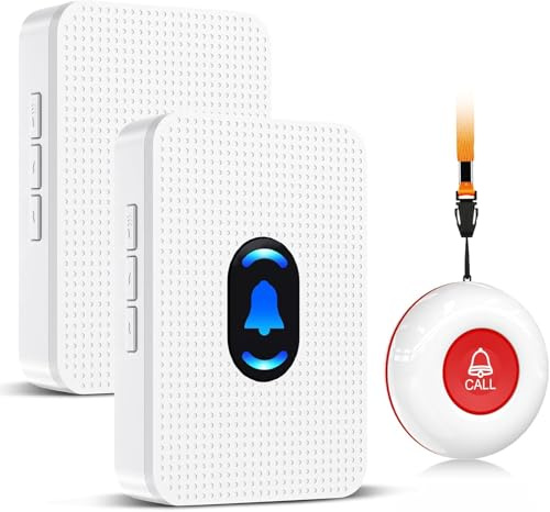 Daytech Avisador Personas Mayores,Transmisión inalámbrica 150M Botón de Emergencia para Ancianos,Pulsera Alarma Personas Mayores(2 Receptor + 1 Botón)