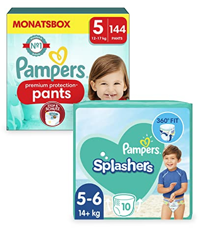 Pampers Schwimmwindel Set mit Splashers (Größe 5-6, 10 Schwimmwindeln) und Windeln Pants Größe 5 (12-17kg, 144 Stück) Premium Protection, Junior, MONATSBOX, Baby Erstausstattung Für Neugeborene
