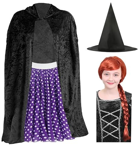 Girls Kind Witch Costume - Black Cape, Purple Polka Dot Skirt, Red Plait Wig, Pointed Witch Hat - Kids Halloween Trick or Treat World Book Day Fancy Dress Costume