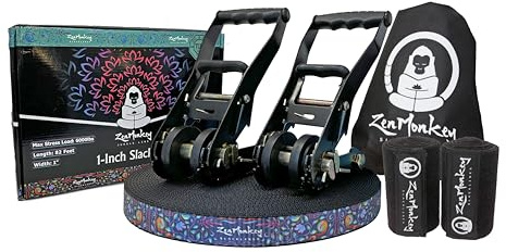 ZenMonkey - Kit Slackline da 2,5 cm con doppio sistema a cricchetto, fettuccia bicolore, protezioni per alberi e borsa per il trasporto