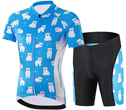 SXSHUN Kinder Jungen Radtrikot Mädchen Fahrrad Trikot Radhose mit Sitzpolster Kurzarm Radshirt Radsport Anzüge, Blau(Bär), 134-140