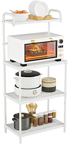 KOMFOTTEU Mensola da Cucina a 4 Livelli in Metallo, con 4 Piedini Antiscivolo, 60 x 34,5 x 136 cm, Supporto per Forno a Microonde, Scaffale Multifunzionale per Cucina e Sala da Pranzo (Bianco)