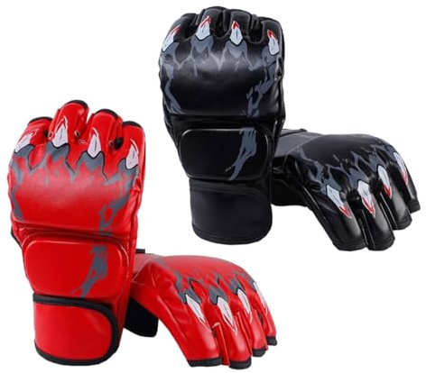 Dickly 2 Paires de Gants MMA, Sac d'arts Martiaux, Gants de de Boxe Demi-Doigt pour Muay Thai, Rouge et Noir