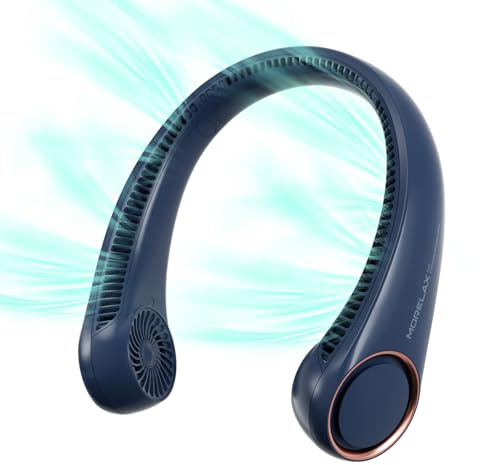 Morelax Ventilador de Cuello Portátil Recargable USB, 3 Velocidades Ajustables/Súper Silencioso/Sin Hojas, Diseño 360° para Viajes, Deporte, Oficina y Hogar (Azul)