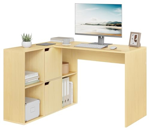 eSituro Mesa Escritorio Esquinero en L con 4 Estanteria + 2 Armarios - 120 cm Escritorio Ordenador de Oficina, Mesa Estudio Beige con Doble Tablero para 2 Ordenadores, 118 x 100 x 75 cm