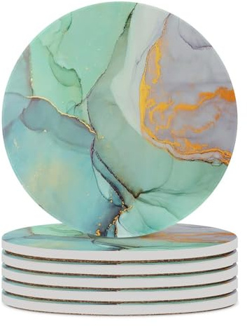 Mateju Keramik Untersetzer Rund, Marmor Stil Keramikuntersetzer mit Korkboden 4/6 Set rutschfest Wasserdicht Getränke Untersetzer Hitzebeständig Keramik Coaster (Grün Marmor,6 Stück)