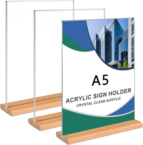 3 Stück Tischaufsteller A5 Holz, Preisschilder Aufsteller mit Holzfuß Doppelseitiger Vertikaler Tischaufsteller Ständer Menükartenhalter Acryl T-Ständer für Prospekte Menükarte Werbung Fotorahmen