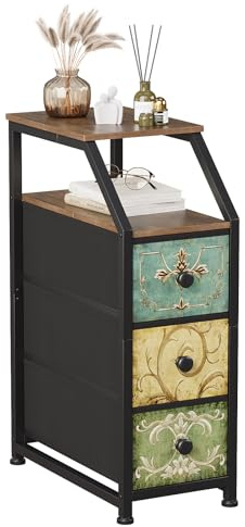 VEDECASA Fabric Chest of Drawers with 3 Drawers, Narrow Chest of Drawers with Top Shelf, Slim Storage Cabinet for Bedroom, Living Room with Vintage Floral Motif, Sturdy Steel Frame and Wooden Top