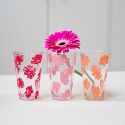 Artime Lot De 6 Verres En Verre Transparent, Motifs Floraux Gravés, Couleurs Rose Orange Violet, Ø7,8 x H12,5 Cm, Design Poétique Et Élégant