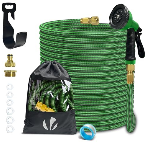 VOUNOT® Tubo Irrigazione Estensibile 30m, Tubo Flessibile da Giardino con Pistola a Spruzzo d'Acqua 10 Funzioni, Connettore in Ottone 1/2 e 3/4 e Gancio e Organizer Inclusi, Verde