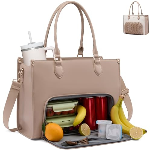 LOVEVOOK Arbeitstasche Damen mit Isolierted Kühlfach, Handtasche mittelgroß, 15,6 Zoll Laptoptasche Leder, Große Lehrertasche Lunchtasche Aktentasche für Schule, Uni, Büro, Business, Beige-Khaki