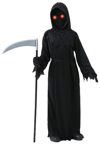 Vestaglia da mietitore per bambini – Horror Cosplay Ensemble, costume spettrale scheletro | Struttura accessorio per falce divisa, abito leggero e regolabile in poliestere per riunioni di casa