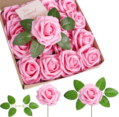 Sahoottie Pink Roses Artificial Pink Flowers Foam Roses whit Stems 16 Pcs