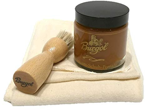 Schuhpflegeset mit Burgol - Schuhpomade Hellbraun Tiegelbürste zum Auftragen und Baumwolltuchh