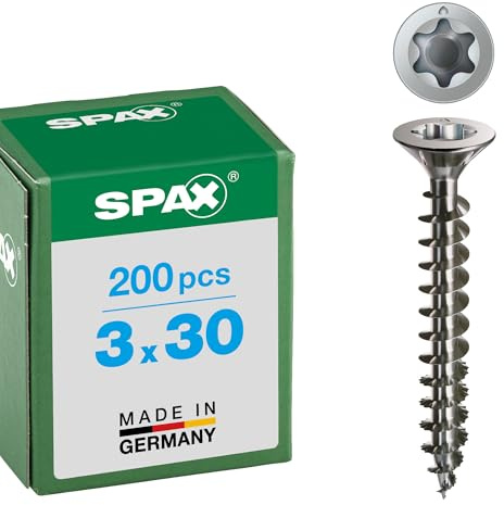 SPAX Universalschraube aus Edelstahl rostfrei A2, 3,0 x 30 mm, 200 Stück, T-STAR plus, Senkkopf, Vollgewinde, S-Spitze, 1197000300303