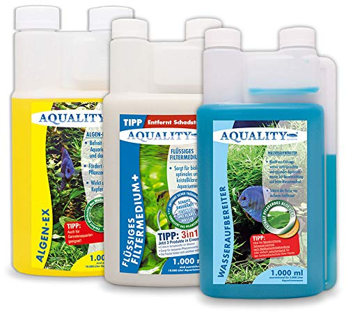 AQUALITY Aquarium 3er Starter- & Pflege-Sparset (Algenvernichter, Wasseraufbereiter, Filtermedium - Perfekter Start mit Allen wichtigen Produkten), Set-Größe:Set 1000