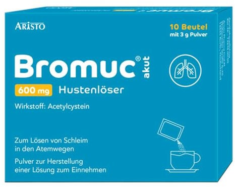 Bromuc akut 600 mg Hustenlöser 10 Beutel - Verflüssigt zähen Schleim und erleichtert das Abhusten bei Atemwegserkrankungen - Schnelle Hilfe für Erwachsene und Jugendliche ab 14 Jahren