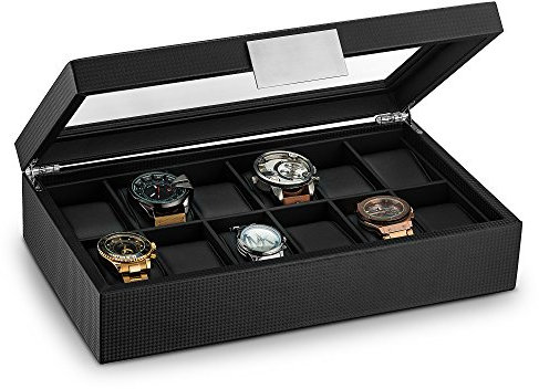 Glenor Co Boîte à montres pour homme – 12 emplacements de luxe en fibre de carbone design, grand support, boucle en métal – Noir