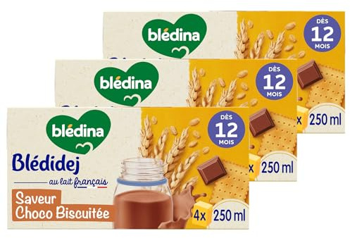 Blédina Blédidej Croissance, Céréales bébé Lactées Saveur Choco Biscuitée, Dès 12 Mois, 250ml (3x4 briques)
