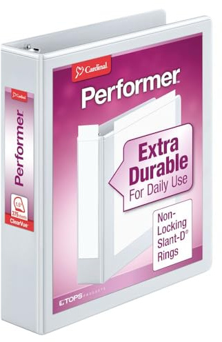 Cardinal Performer 3-Ring Binder, 1.5, Non-Locking Slant-D Rings, 375-Sheet Capacity, ClearVue Presentation Binder, PVC-Free, White (17400CB)