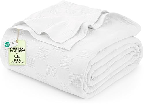 Utopia Bedding 100% Cotton Thermal Blanket White Twin Size Soft, Lightweight, Breathable, Cozy Spring and Summer Blanket for Couch and Sofa, Home Room Decor Gifts for Women and Men (90x72 Inches)