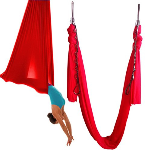 WELLSEM Aerial Yoga Hammock 5.5 Yards Aerial Pilates Silk Yoga Swing Set Include Carabiner,Daisy Chain, Pose Guide(Red)