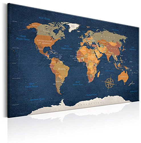 B&D XXL Weltkarte Pinnwand & Vlies Leinwand Bild 90x60 cm Bilder mit Kork Rückwand 1 Teilig Kunstdruck Korktafel Korkwand Memoboard Pinboard Wandbilder Karte Landkarte k-C-0048-p-b