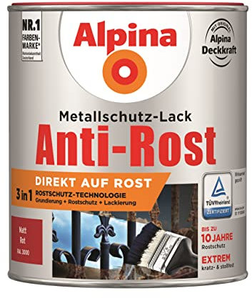 Alpina Metallschutzlack matt – Rot – Anti-Rost-Lack für einen Langzeit-Korrosionsschutz – Witterungs- und UV-beständig – 2,5L