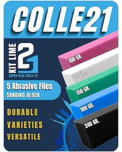 5 Limas Abrasivas Superglue Colle21 – Pack de 5 Limas con Granulometrías Variadas (100 a 240) para Acabados Impecables en Bricolaje y Modelismo