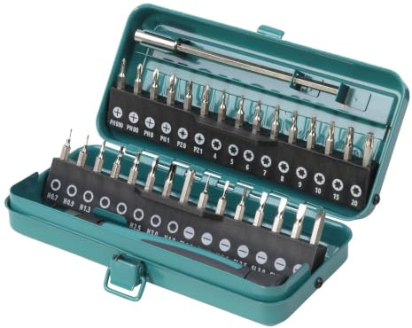 wolfcraft Micro-Bit-Box für kleine Schrauben - 1389000 - Feinmechanik-Bit Set 32-tlg. - Schlitz & Kreuzschlitz & TORX & Innensechskant - Kompakte Metallkassette inkl. Handschraubendreher