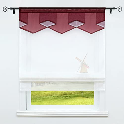 CORLIF Raffrollo mit Tunnelzug Doppelschichtige Raffgardine Rautenförmige Blende Faltenrollo Voile Gardinen Modernes Bändchenrollo Transparent Vorhänge Rot BxH 100x140 cm 1 Stück
