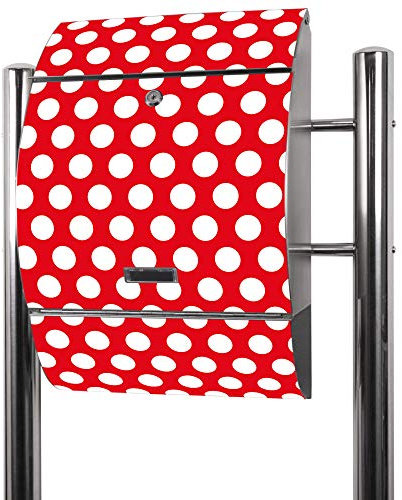 banjado® Standbriefkasten Edelstahl mit Zeitungsfach Motiv Punkte Rot/Briefkasten mit Standfuß/Edelstahl Briefkasten freistehend - A4 Einwurf inkl. 2 Schlüssel