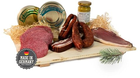 Schwarzwald Metzgerei Geschenkkorb – im Leinentäschle – 8-teiliger Präsentkorb mit leckeren & herzhaften Wurstspezialitäten wie Schinken, Landjäger, Kirschwassersalami, Schinkenwurst