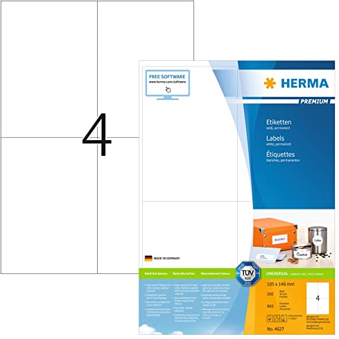 HERMA 4627 Versandetiketten, 200 Blatt, 105 x 148 mm, 4 pro A4 Bogen, 800 Stück, selbstklebend, bedruckbar, matt, blanko Papier Adressetiketten Aufkleber, weiß