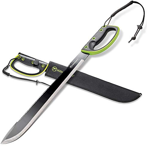 Kilimanjaro 24 Inch Machete Serrated Knife, Drop Point Tip to Saw Cut Branches, Clearing Brush, Gardening, Hiking, Outdoors Black Finish 910039