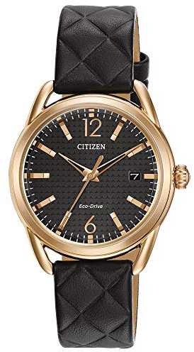 Citizen Women's Eco-Drive Dress Classic Rose Gold Stainless Steel with Black Quilted Leather Strap, 36mm (Model: FE6083-13E)