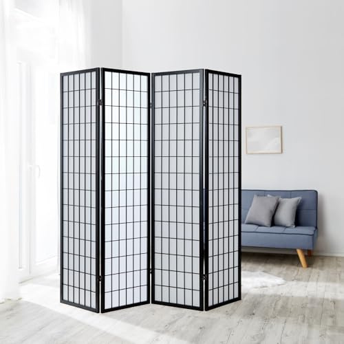 Homestyle4u 164, Paravent Raumteiler 4 teilig Holz Schwarz Raumtrenner Sichtschutz Reispapier Weiß Höhe 175 cm