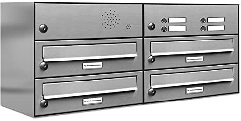 AL Briefkastensysteme 4er Briefkastenanlage mit Klingel, Edelstahl, Premium Briefkasten DIN A4, 4 Fach Postkasten modern Aufputz