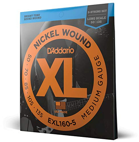D'Addario Cuerdas Bajo - Cuerdas Bajo Electrico Cuerdas - EXL160-5 - Medium, 50-135 5-String - Escala Larga, Medium, 50-135 (5-String), Long Scale