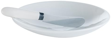 EVVIVA COMPANY SRL Juego de 2 platos de desayuno de porcelana con split de acero y mango de porcelana. Detalle de color plomo, diámetro 18 cm. Ideal para untar mermeladas, cremas y mantequilla.