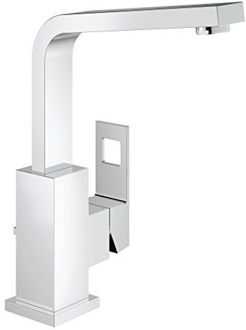 GROHE Eurocube, Waschtischarmatur hoch, wassersparend (Wasserhahn für das Bad, 25cm hoch, Badarmatur mit Zugstangen-Ablauf, einfache Installation am Waschbecken), chrom, 2313500E