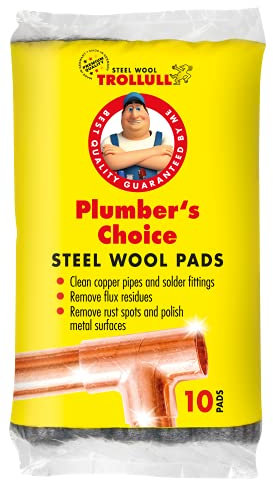 TROLLULL Steel Wool | Wire Wool Plumber’s Choice, clean copper pipes and fittings, brass and aluminium surfaces, removes surface rust, 10 pads