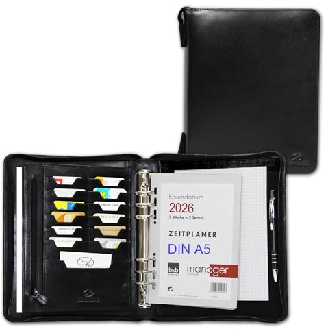 ALMADIH Leder A5 Organizer mit Ringmechanik Reißverschluss Kalender 2026 Schreibblock Premium Rindsleder Schwarz Onyx Ledermappe Mappe Terminplaner Systemplaner Terminkalender (A5 Org Schwarz)