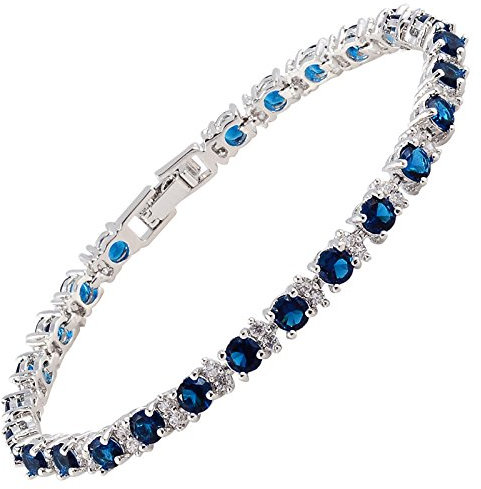 RIVA Ewigkeit Tennis Armband [18cm/7inch] mit Rundschliff Edelstein Zirkonia CZ [Blau Saphir] in 18K Weißgold Vergoldet, Einfache Moderne Eleganz