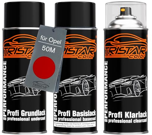 TRISTARcolor Autolack Spraydosen für Opel 50M Sanguine Red/Fire Red +1K | Set aus Grundlack + Basislack + Klarlack, Sprühdosen 400ml
