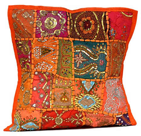 Funda de cojín bordada, estilo étnico con lentejuelas