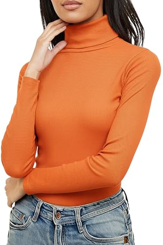 Re Tech UK Ladies Plain Ribbed Cotton Polo Turtle Roll Neck Tunic Top Jumper Full Sleeve, Orange, S/M 8-10