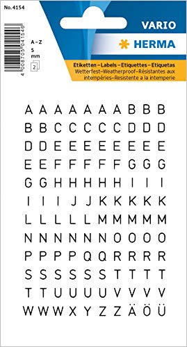 HERMA 4154 bokstäver klistermärken A - Z, väderbeständig (teckenstoralek 5 mm, 2 ark, folie) självhäftande, permanenta alfabetsklistermärken, 240 etiketter, transparent/svart