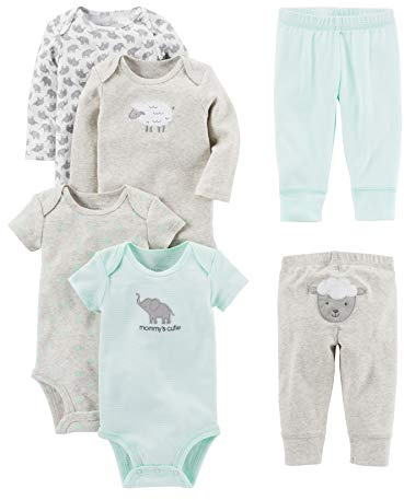 Simple Joys by Carter's - Conjunto de 6 piezas de body para bebé (manga corta y larga) y pantalones ,Gris (Gray Lamb) ,24 Months