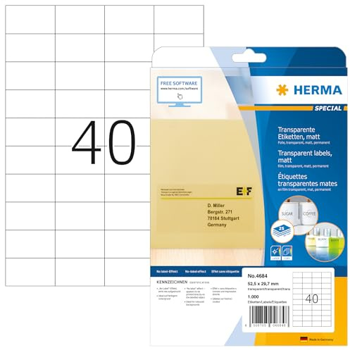HERMA 4684 Wetterfeste Folienetiketten transparent, 25 Blatt, 52,5 x 29,7 mm, 40 pro A4 Bogen, 1000 Stück, selbstklebend, bedruckbar, matt, blanko Klebeetiketten Aufkleber aus Folie, durchsichtig